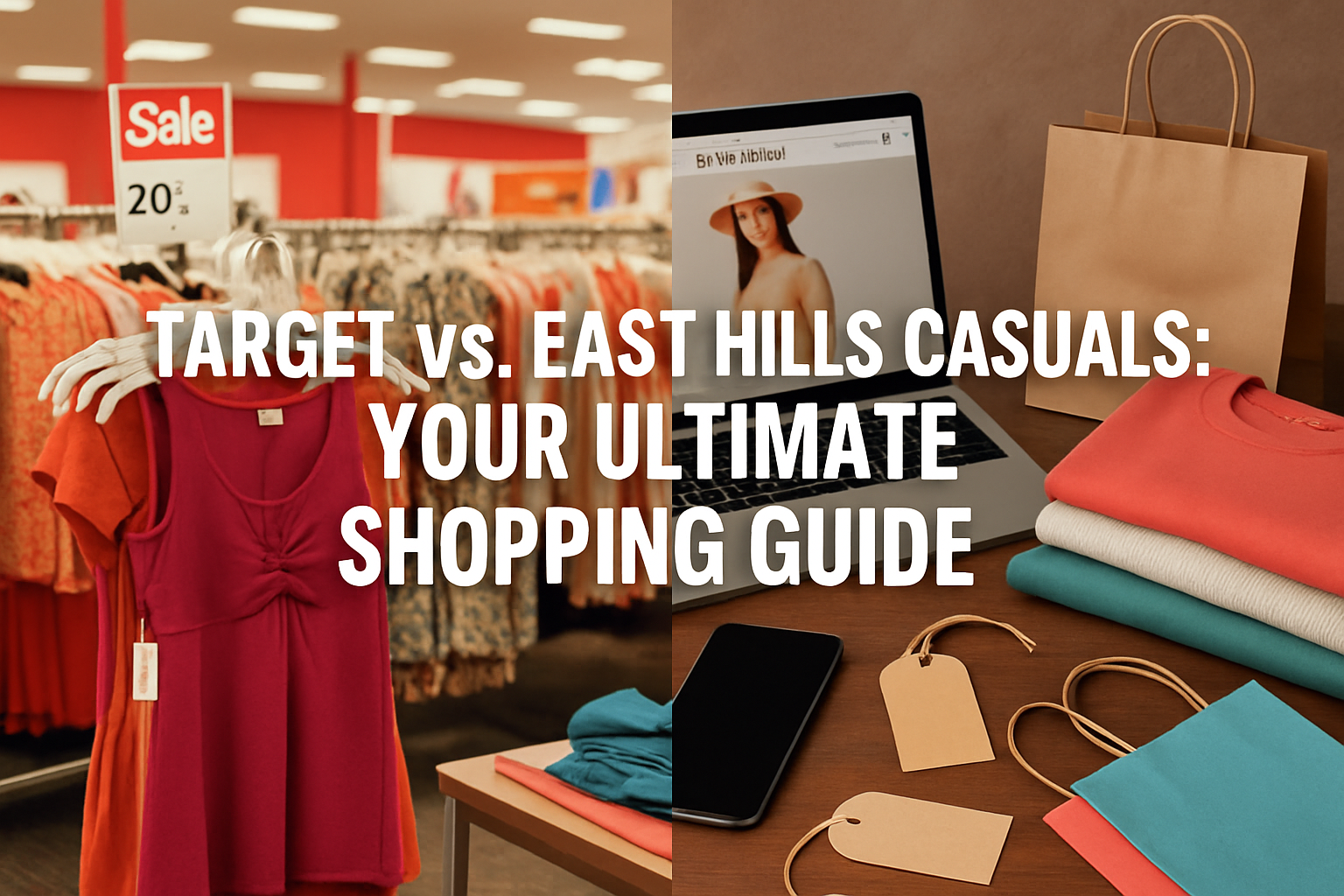 Professional landscape hero image (1536x1024) featuring bold text overlay 'Target vs. East Hills Casuals: Your Ultimate Shopping Guide' in e