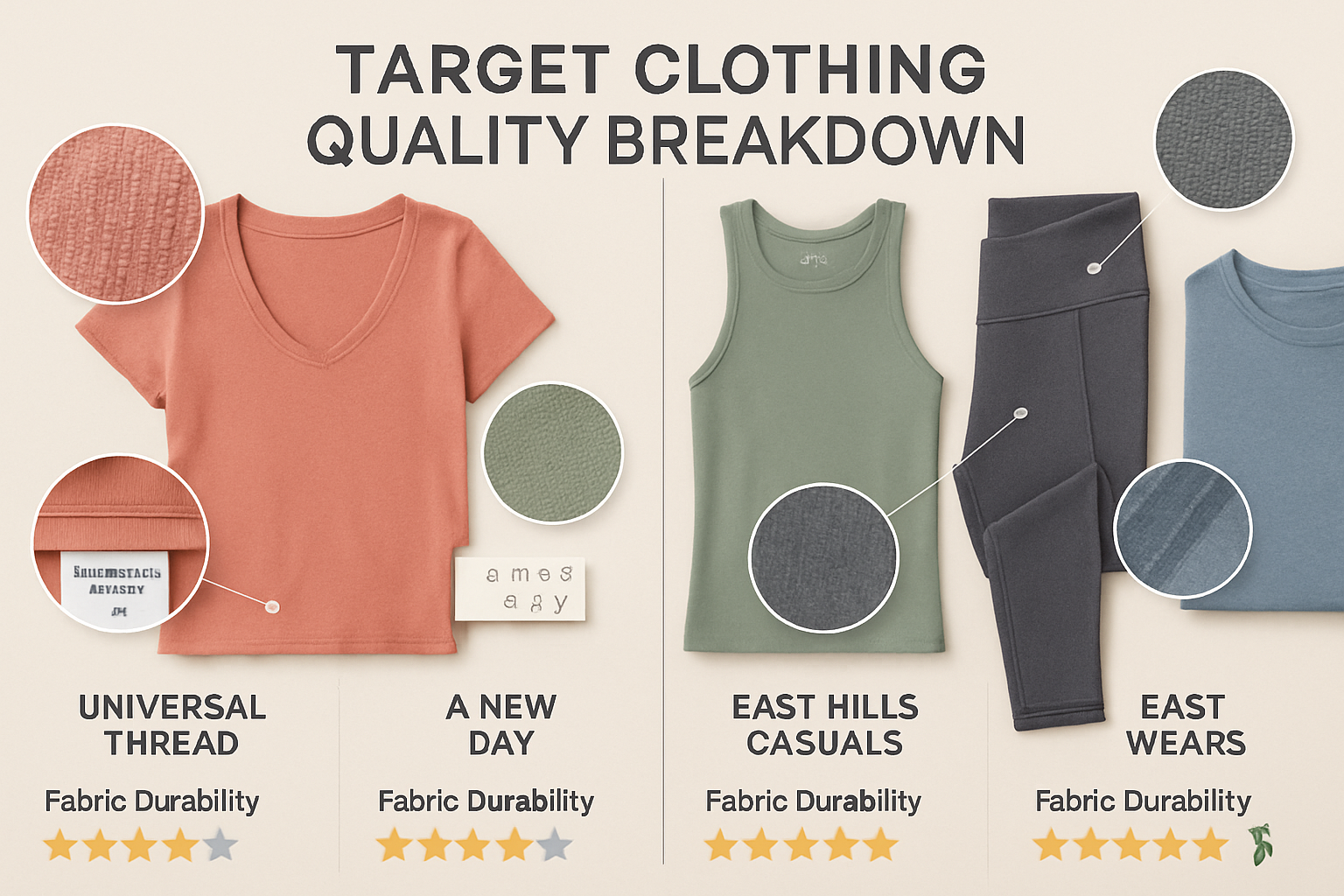 Detailed landscape infographic (1536x1024) showing Target women's clothing quality comparison with close-up photography of fabric textures,