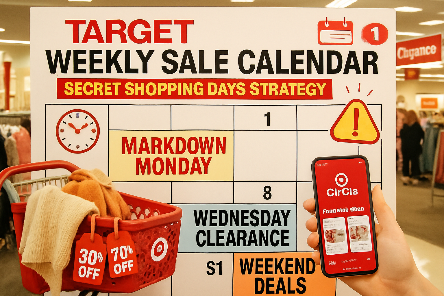 Vibrant landscape editorial image (1536x1024) depicting Target weekly sale calendar and secret shopping days strategy. Main visual shows ove