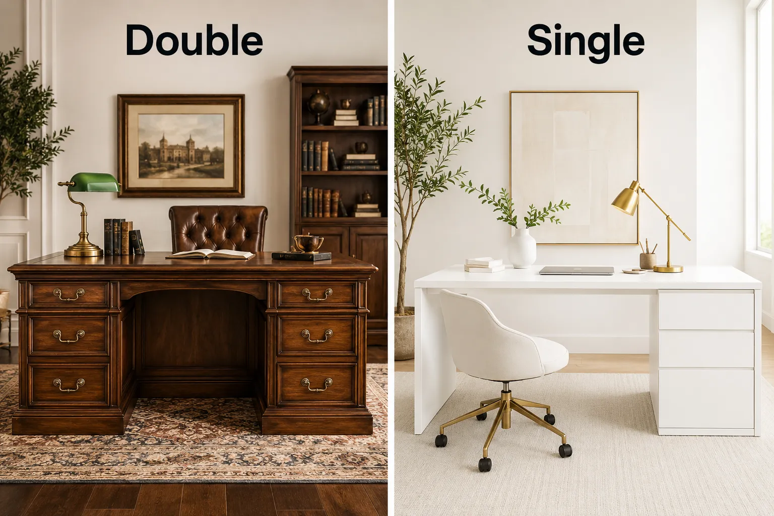 Editorial landscape format (1536x1024) split-screen comparison image: left half shows a traditional double pedestal executive desk in vintage oak finish with visible pedestal drawers and brass handles in a warm-lit classic study; right half shows a sleek modern single pedestal desk in white finish in a bright minimalist home office. Bold labels 'Double' and 'Single' in 4-word max sans-serif above each side. Bright studio lighting, clean composition, Pinterest-worthy interior design aesthetic, no tables or pricing.