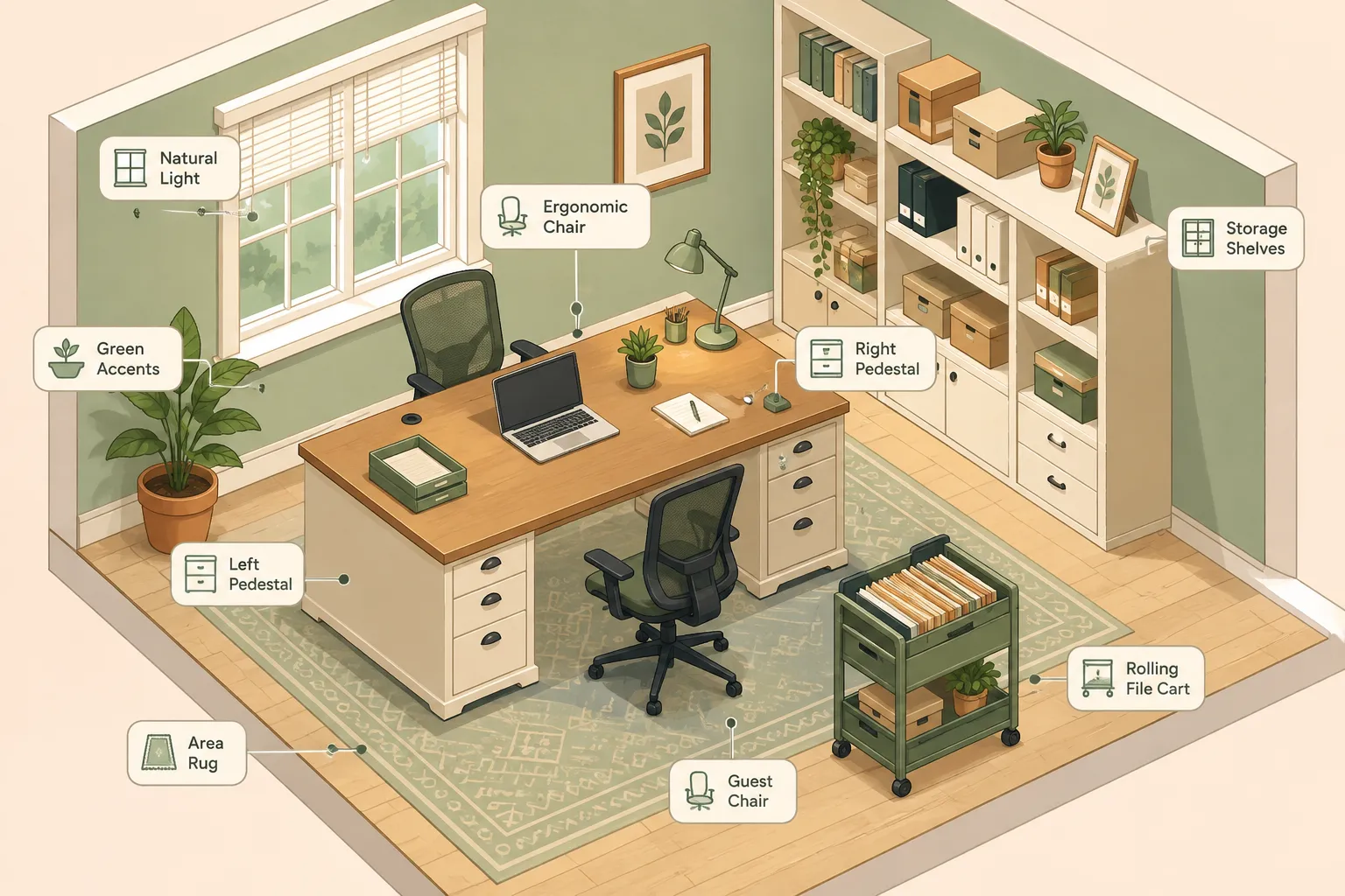 Isometric flat-vector illustration (1536x1024) showing an overhead birds-eye view of a home office room layout: a large double pedestal desk centered with labeled drawer pedestals on each side, a rolling file cart nearby, ergonomic chairs positioned at the desk, and storage shelves along the wall. Bright pastel color palette of sage green, warm cream, and soft terracotta. Clean icon-style labels of 5 words max per element. Organized, airy, modern workspace planning visual. Pedestal Desk with Storage vs Without Storage