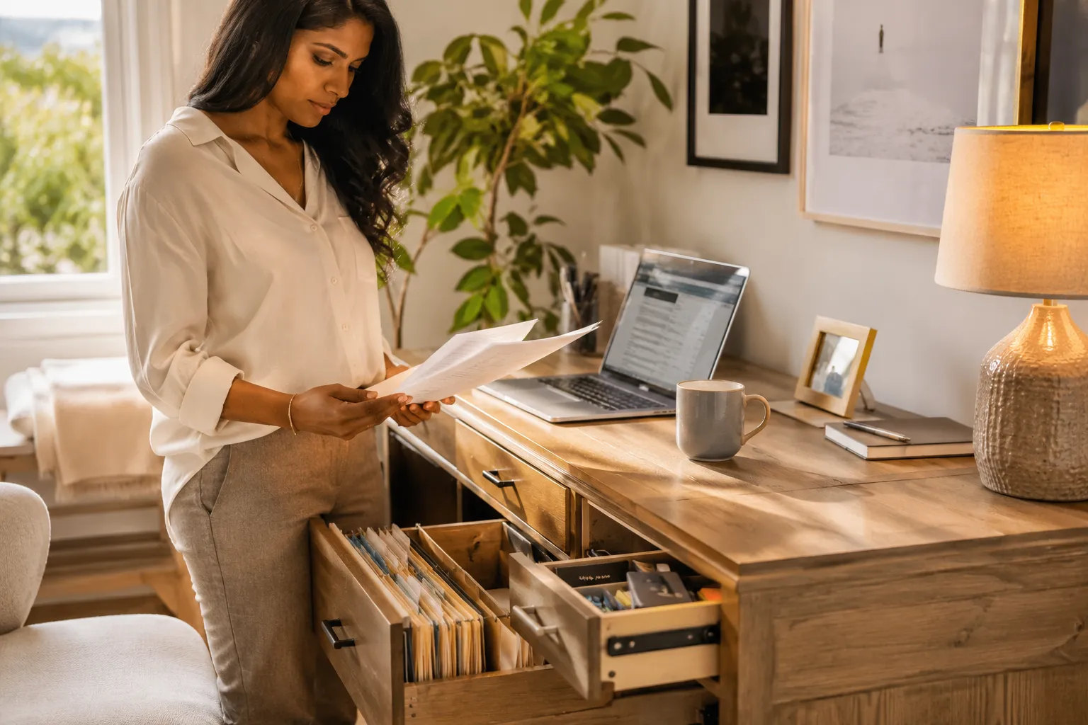 Editorial photography (1536x1024) showing a diverse mid-30s South Asian woman standing at a wood-finish pedestal desk in a bright home office, reviewing documents, with open pedestal drawers revealing organized files and office supplies. Warm daylight from a side window, lush indoor plant in background, oak desk surface with a laptop and coffee mug. Candid, natural-light magazine editorial style, warm golden-hour palette, shallow depth of field on the desk drawers. Where to Buy Home Office Pedestal Desks Online vs In Store