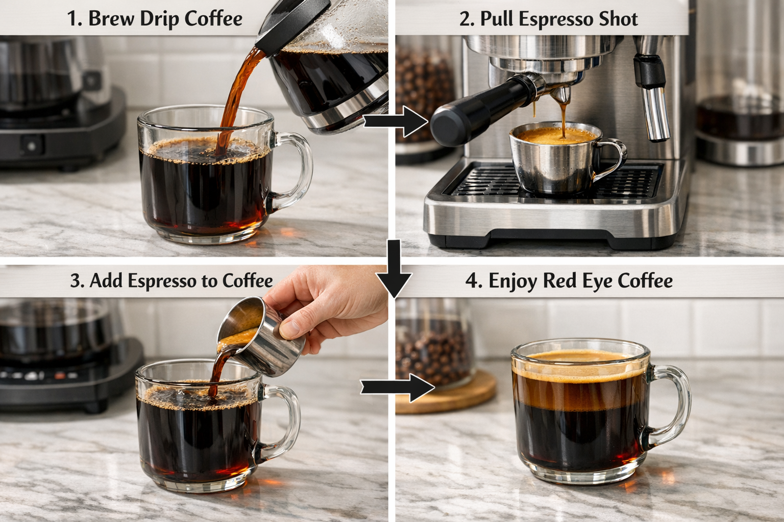 Step-by-step visual guide showing red eye coffee preparation process, split into four panels: panel 1 shows freshly brewed drip coffee being