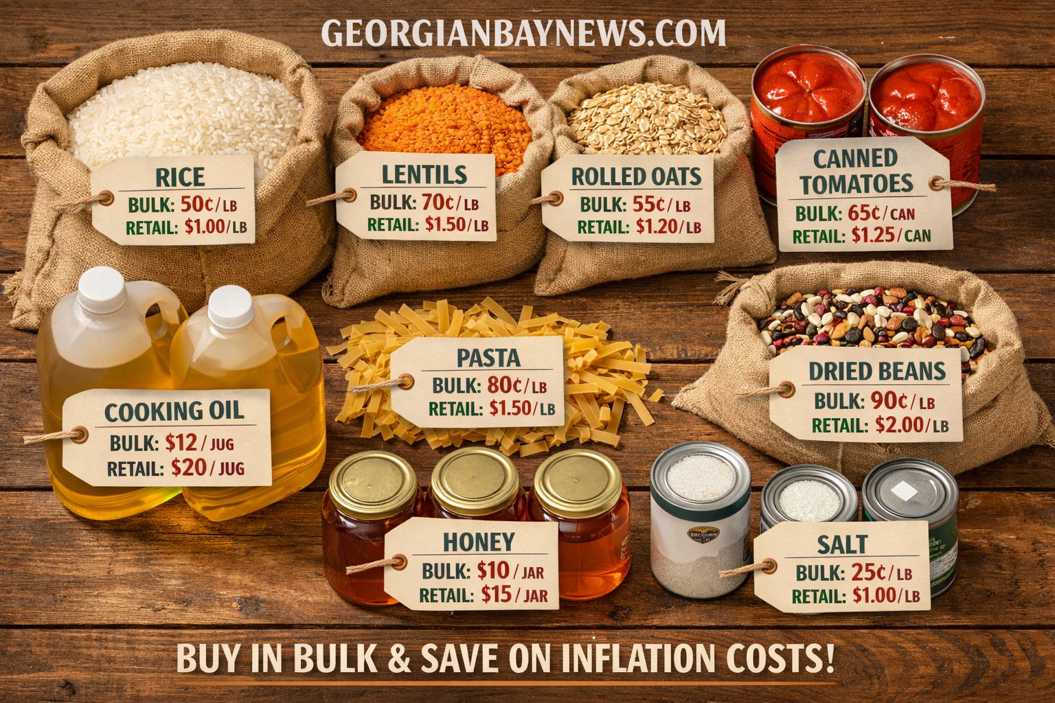 () editorial infographic-style image showing a flat-lay overhead view of nine bulk food staples arranged on a rustic wooden