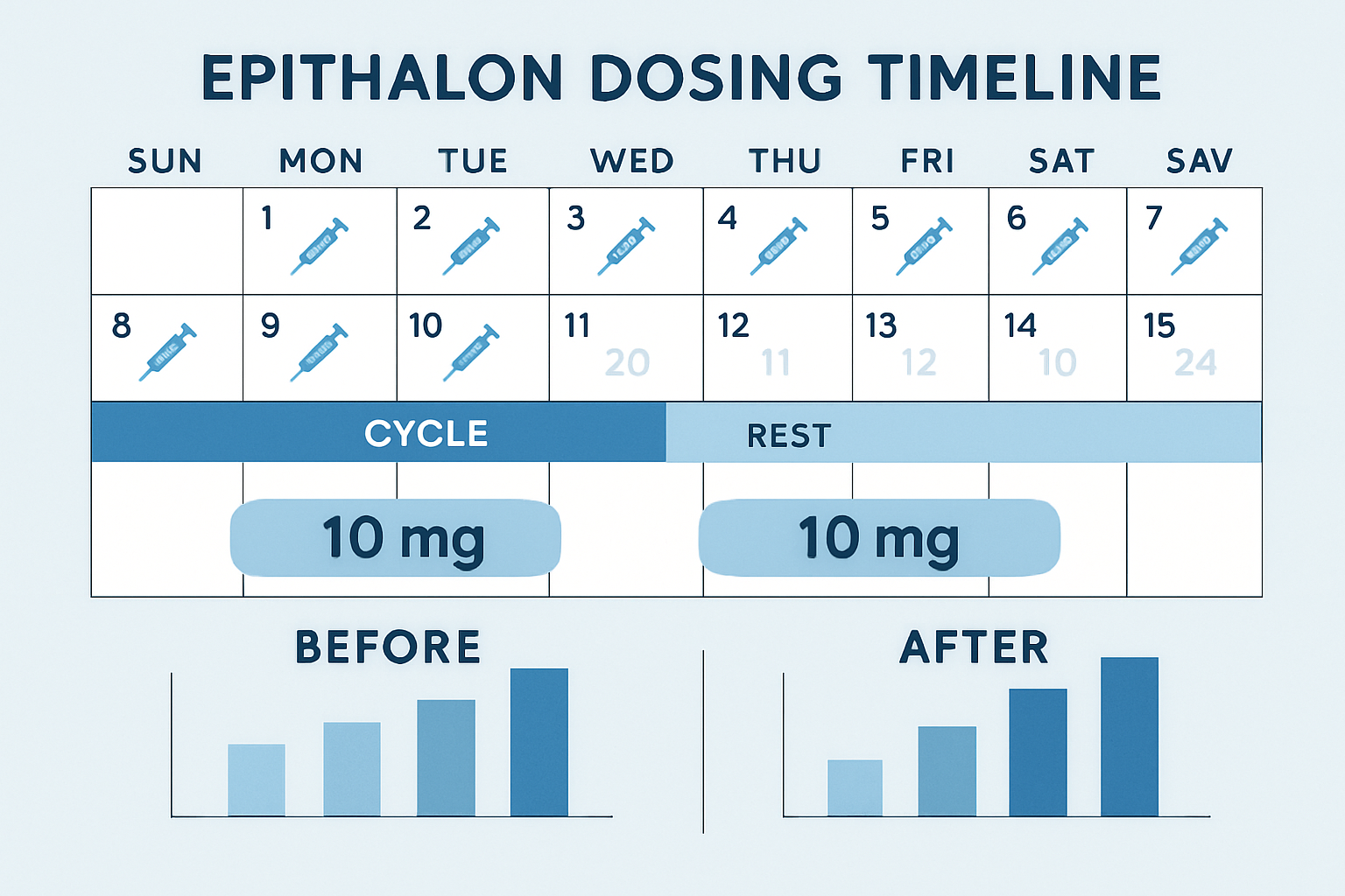 Detailed infographic showing epithalon dosing timeline with calendar layout, injection schedule markers, cycle phases illustrated with color