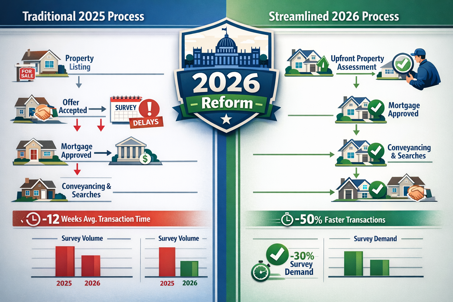 () detailed infographic illustration showing UK homebuying process transformation timeline comparison. Left side displays