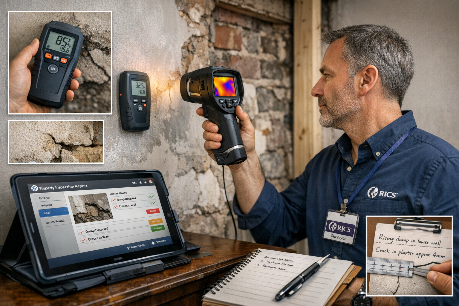 () professional photograph of chartered surveyor conducting comprehensive property condition assessment in residential