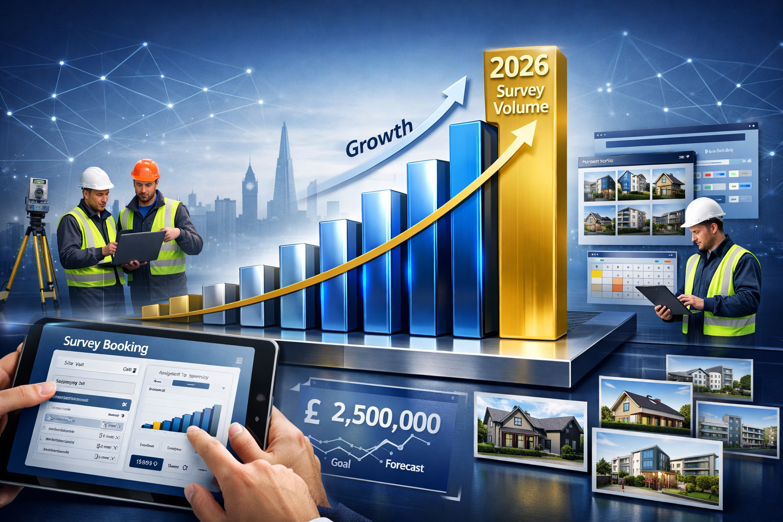 () modern business growth visualization combining physical and digital elements for surveying sector opportunities. Central