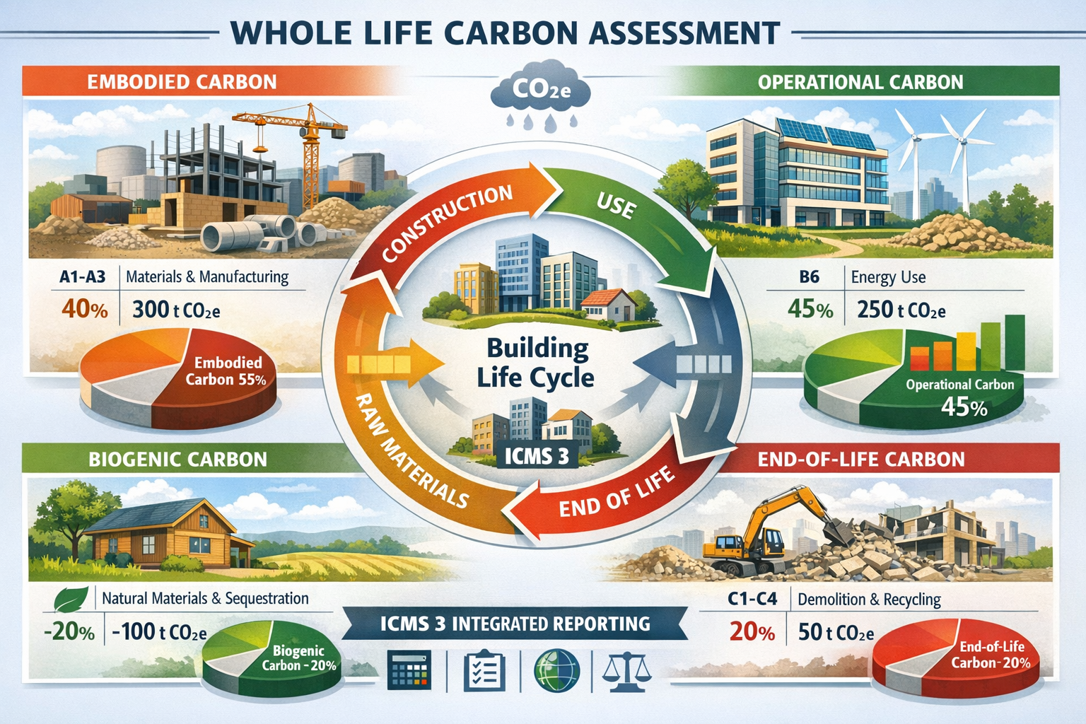 Detailed () infographic-style image displaying comprehensive whole life carbon assessment framework with four distinct
