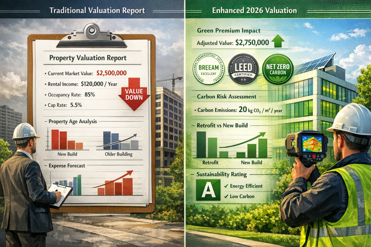 Detailed () split-screen comparison image showing property valuation implications: left side displays traditional building