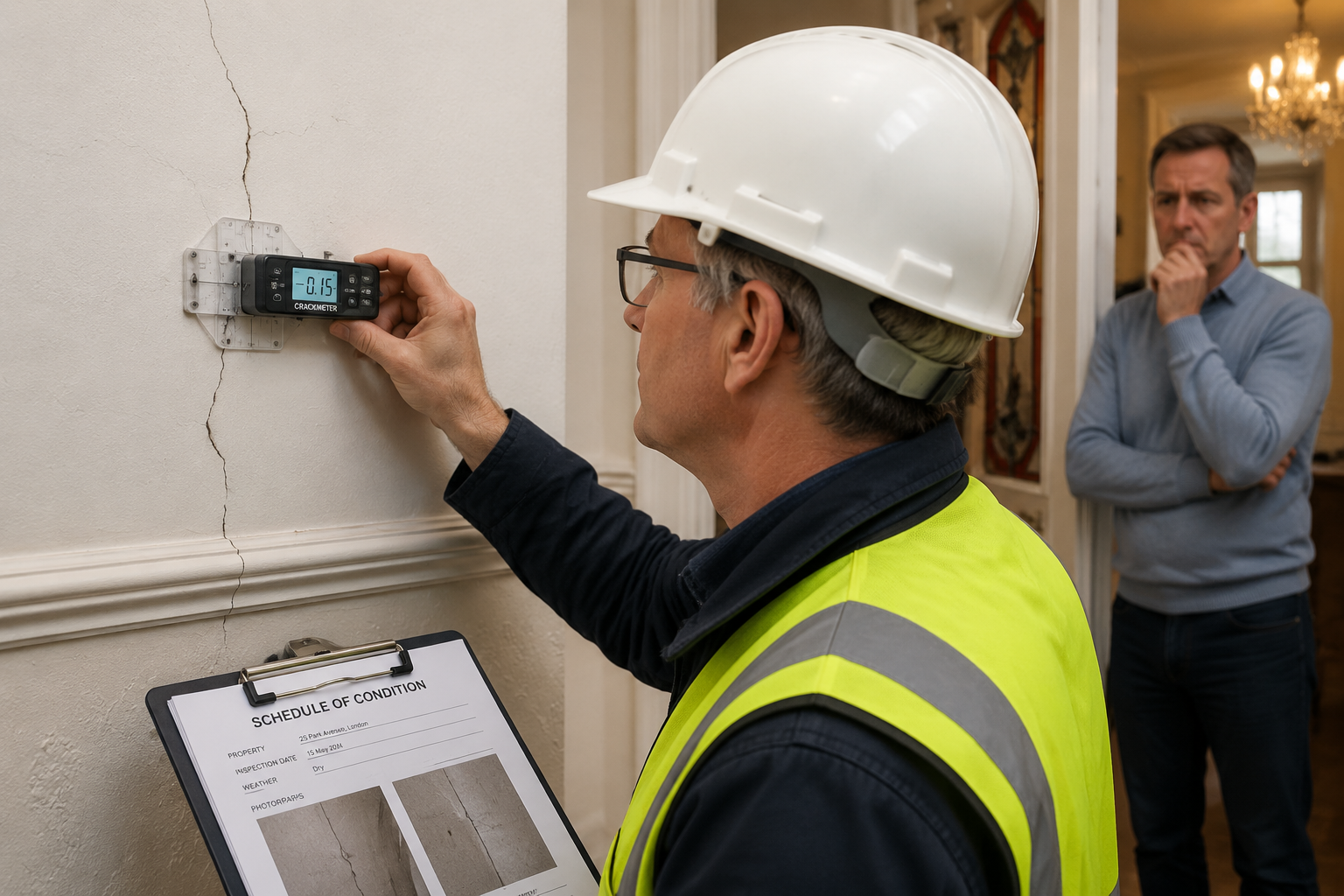 () scene showing a professional party wall surveyor in hard hat and hi-vis vest conducting a close-up crack monitoring