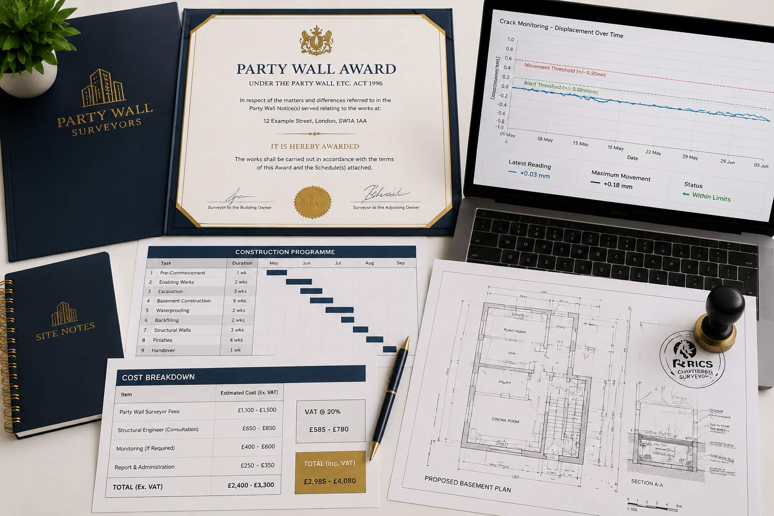() flat-lay overhead shot of a professional desk showing a Party Wall Award document, construction timeline Gantt chart,