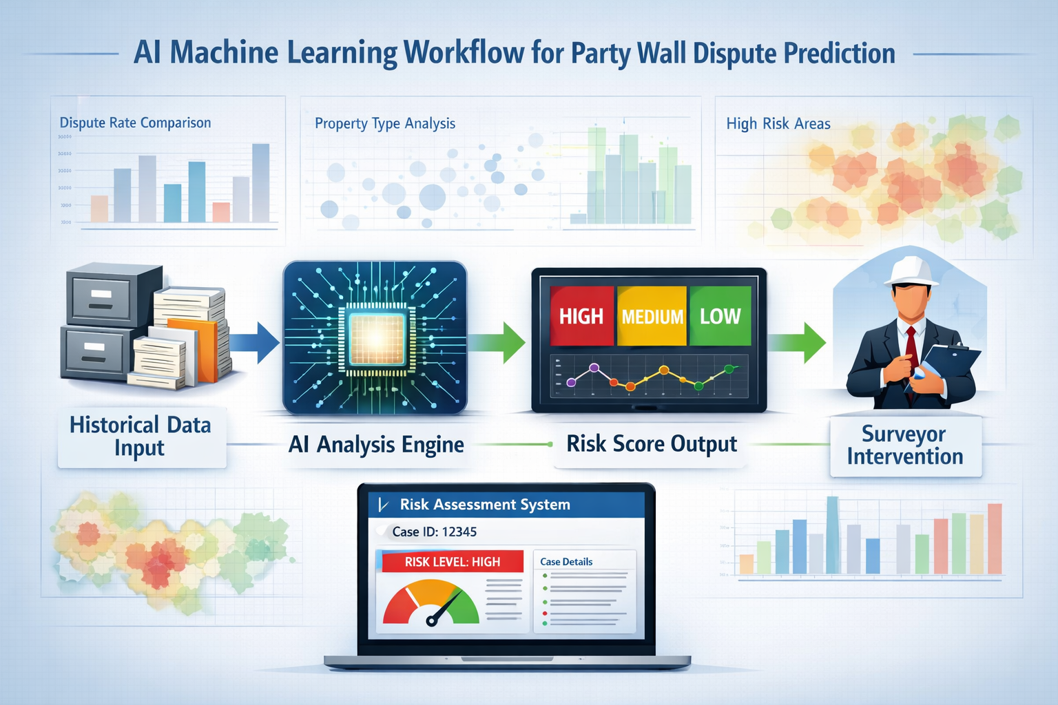 () detailed illustration showing AI machine learning workflow for party wall dispute prediction. Center features large