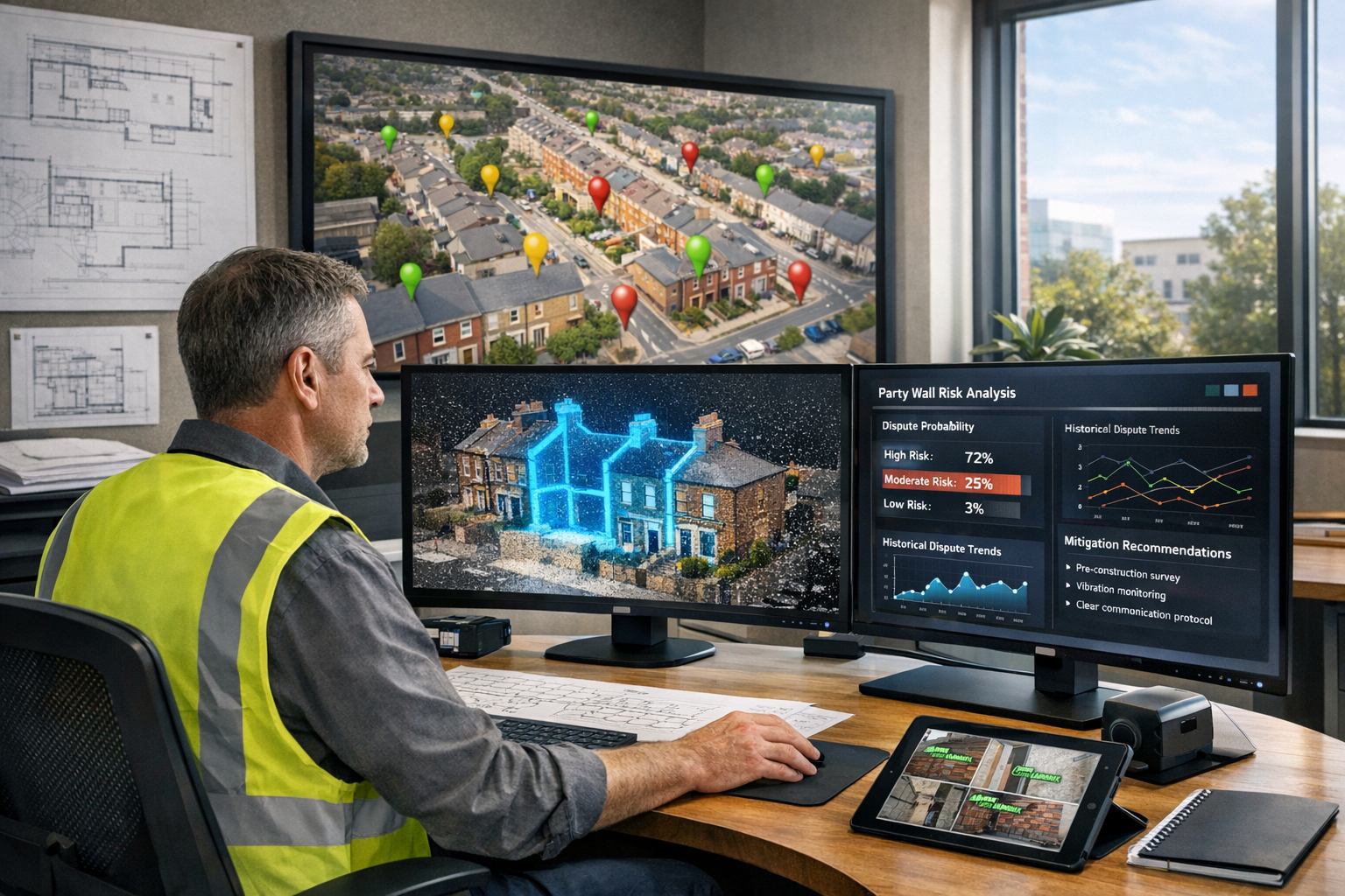() photorealistic scene of modern surveyor's office in 2026 with advanced AI implementation. Foreground shows professional