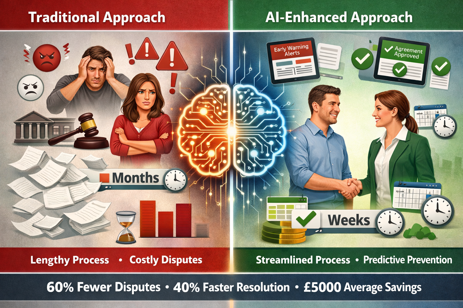 () conceptual split-comparison illustration showing 'Before AI' versus 'After AI' implementation in party wall processes.