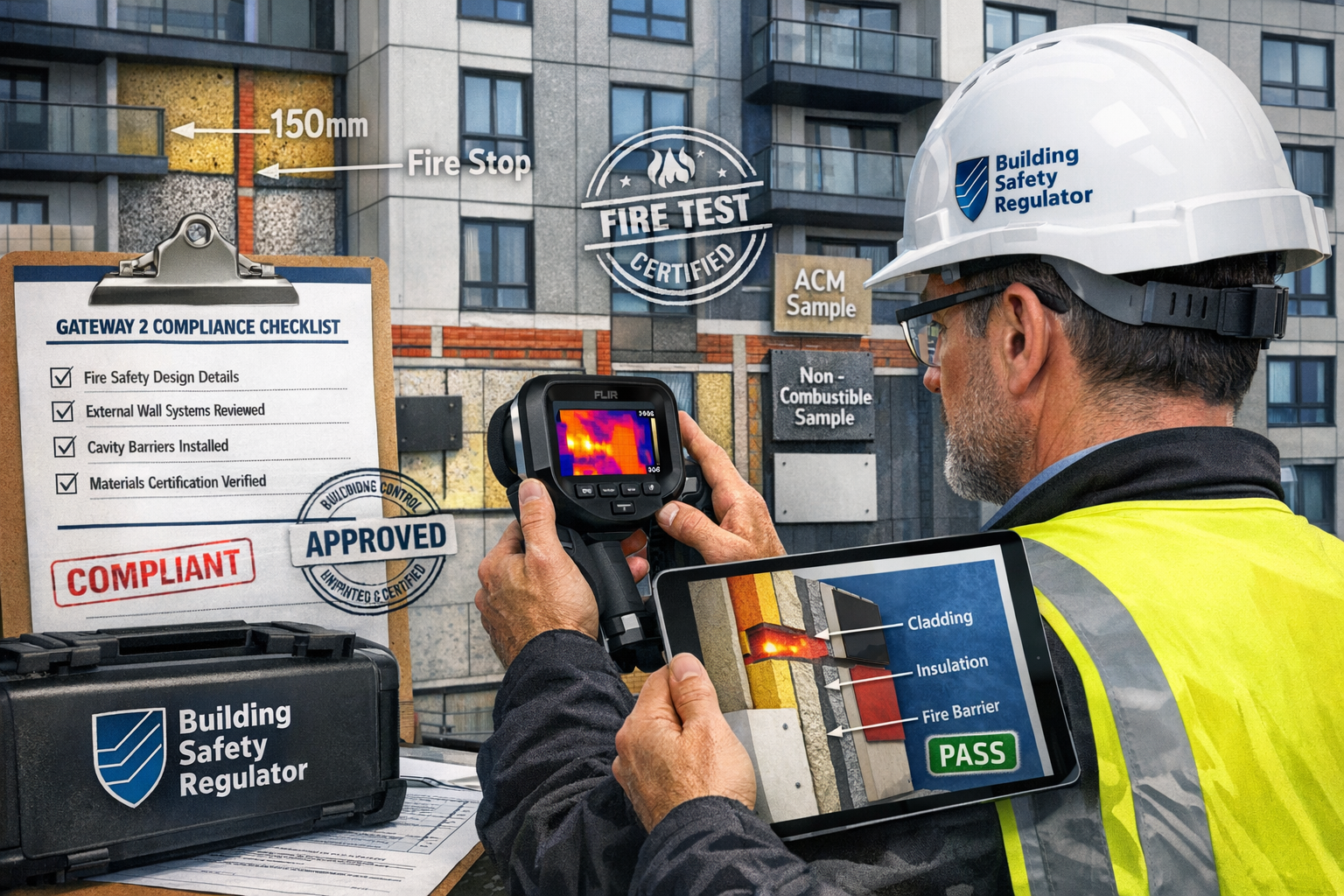 Detailed () image showing professional chartered surveyor in high-visibility vest and hard hat conducting detailed building