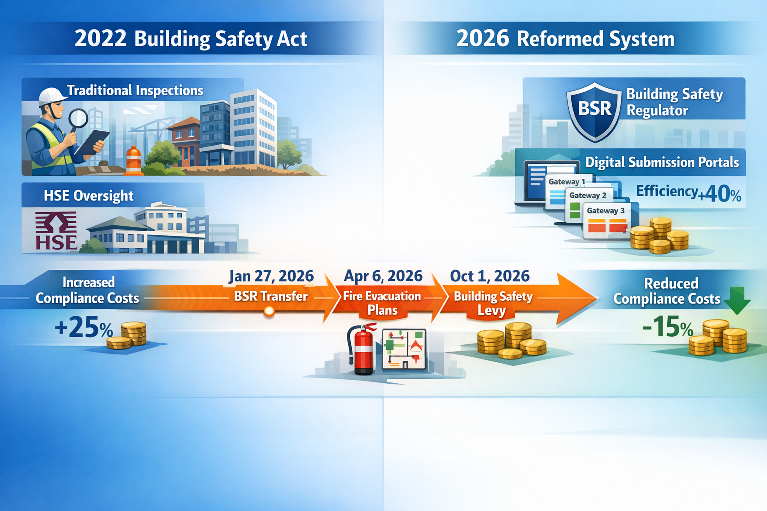 Detailed () technical illustration showing split-screen comparison of building safety compliance timeline: left side