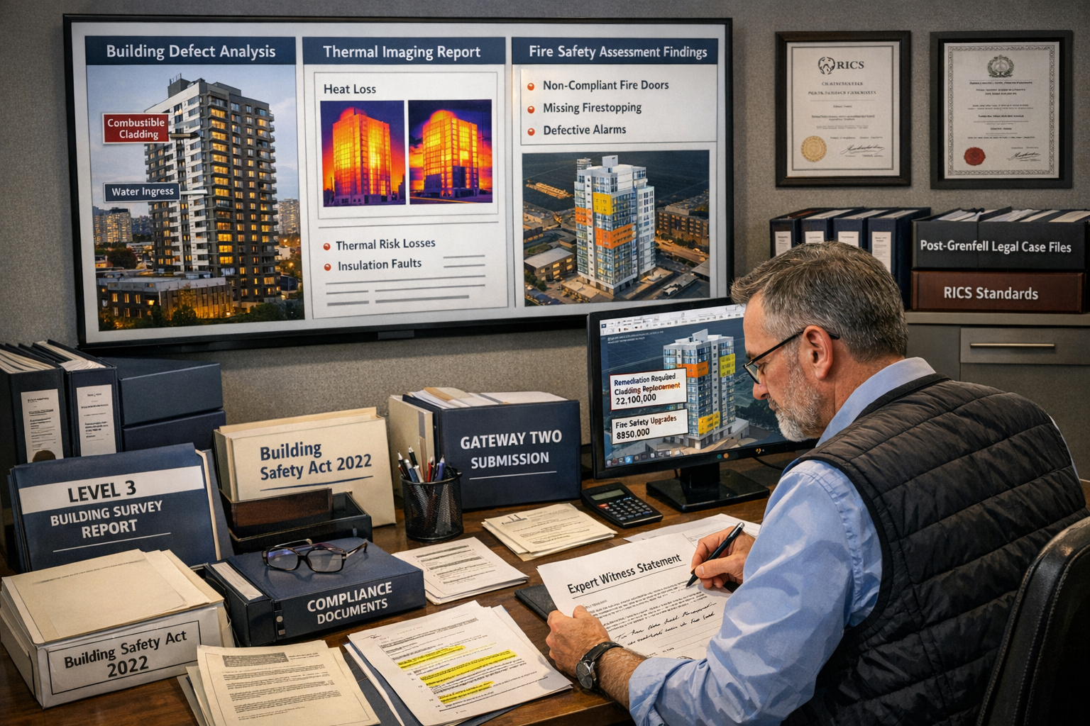 Detailed () professional scene showing expert witness surveyor preparing remediation dispute documentation in modern office
