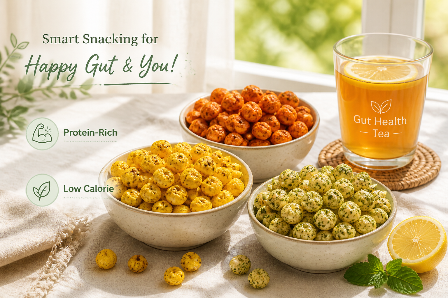 Detailed () image showing a variety of flavored makhana in ceramic bowls, including turmeric yellow, chili red, and herb