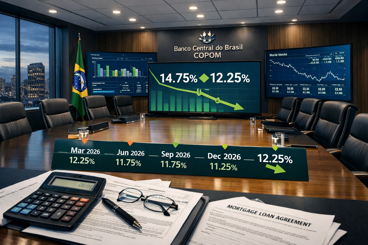 () editorial image showing Brazilian Central Bank Copom meeting room with modern conference table, financial monitors
