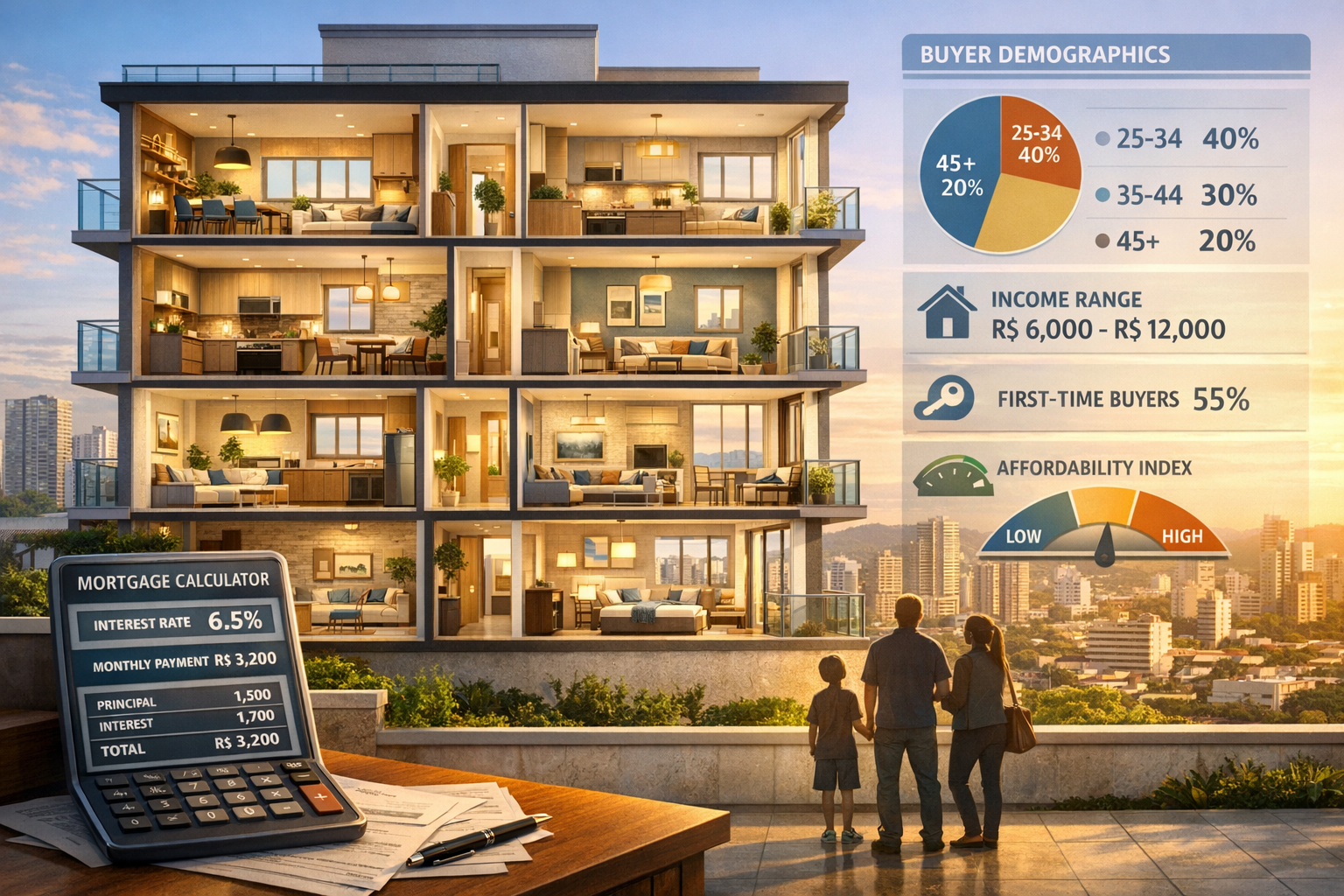 () detailed architectural visualization showing cross-section view of modern mid-sized apartment building (60-80 square