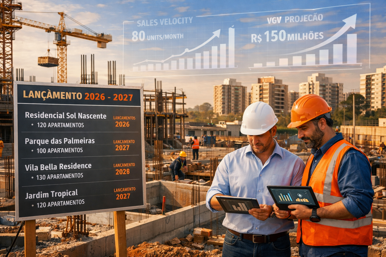 () dynamic real estate development scene showing construction site progress with foundation work completed, steel framework