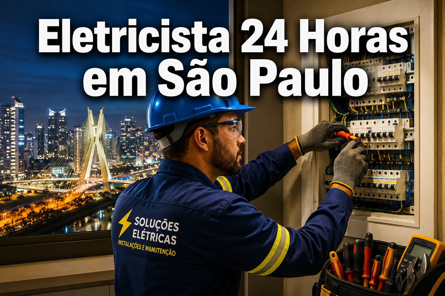 Professional () hero image featuring 'Eletricista 24 Horas em São Paulo' in extra large white with dark drop , centered in