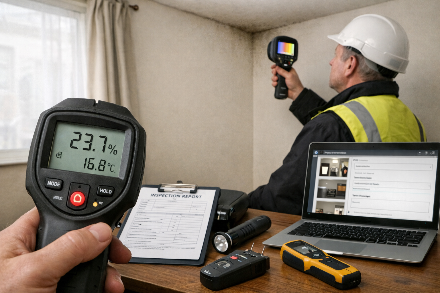 () professional photograph showing a chartered surveyor conducting a comprehensive property inspection in a social housing