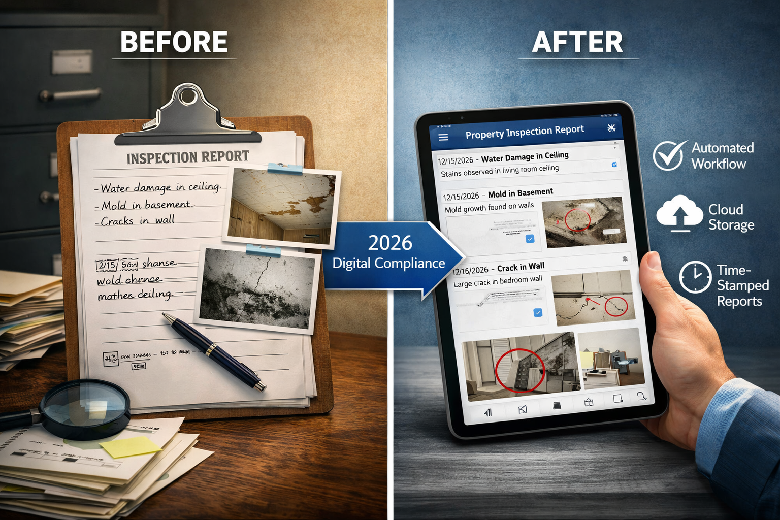 () split-screen comparison image showing 'Before and After' pathology reporting documentation. Left side displays