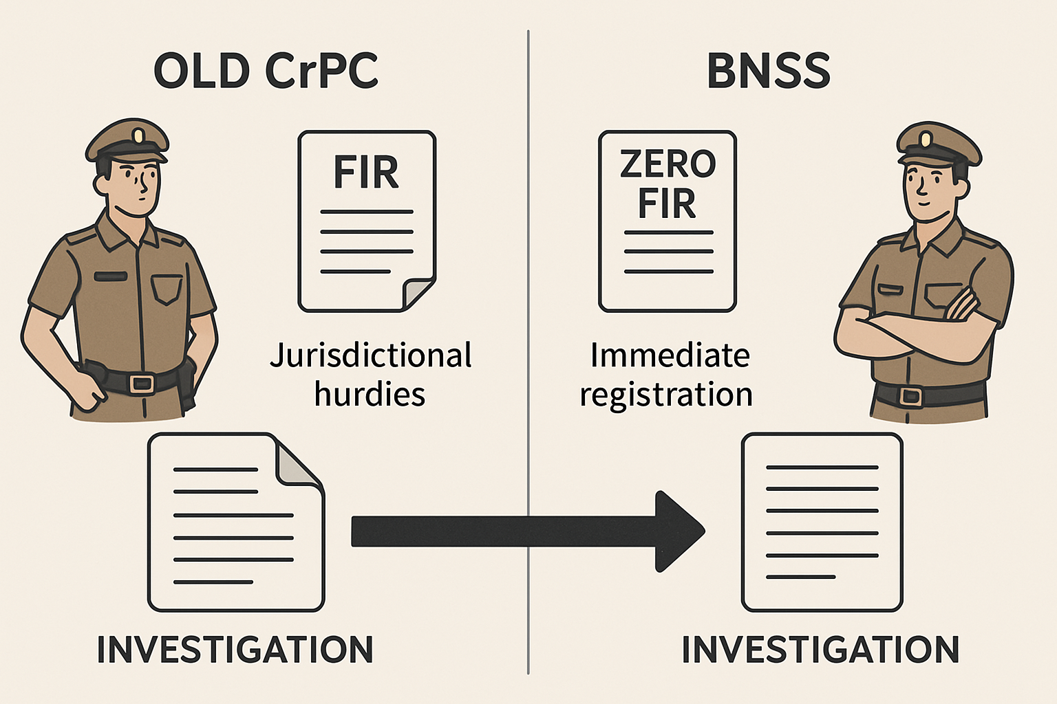 A comparative flow chart illustrating the procedural changes brought by the BNSS, focusing on how Zero FIR impacts the initial stages of cri