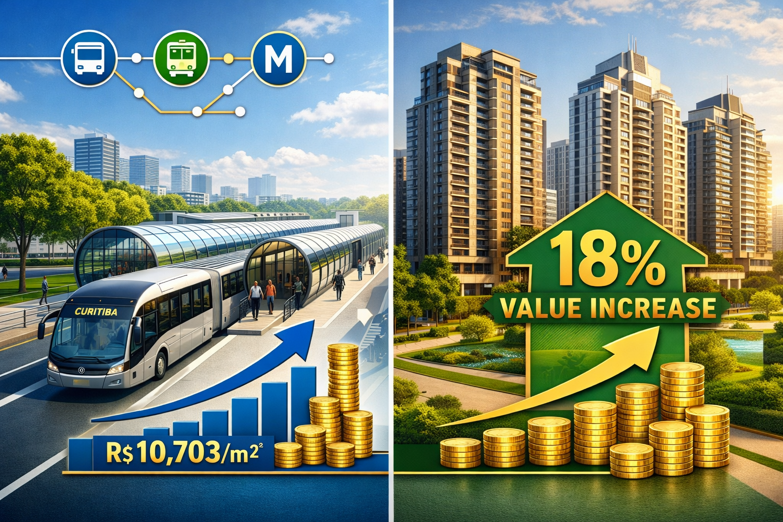 Detailed () image showing split-screen comparison of Curitiba's infrastructure transformation: left side displays modern BRT