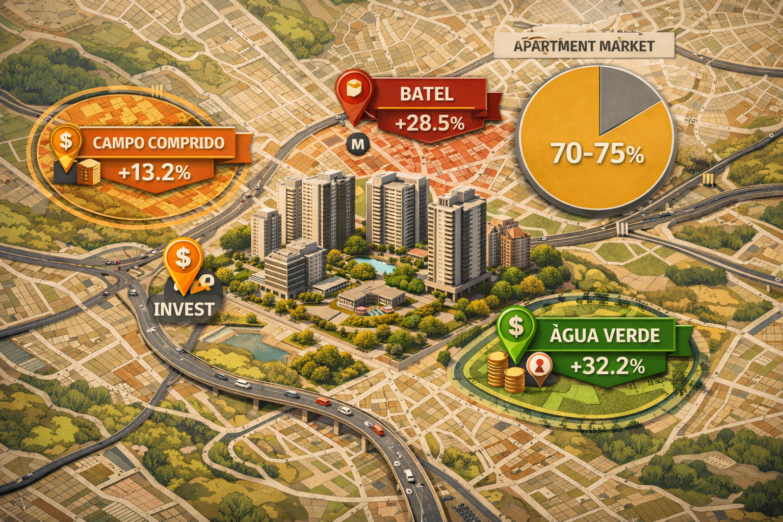 Detailed () image depicting Curitiba neighborhood map with color-coded zones highlighting emerging areas: Campo Comprido,