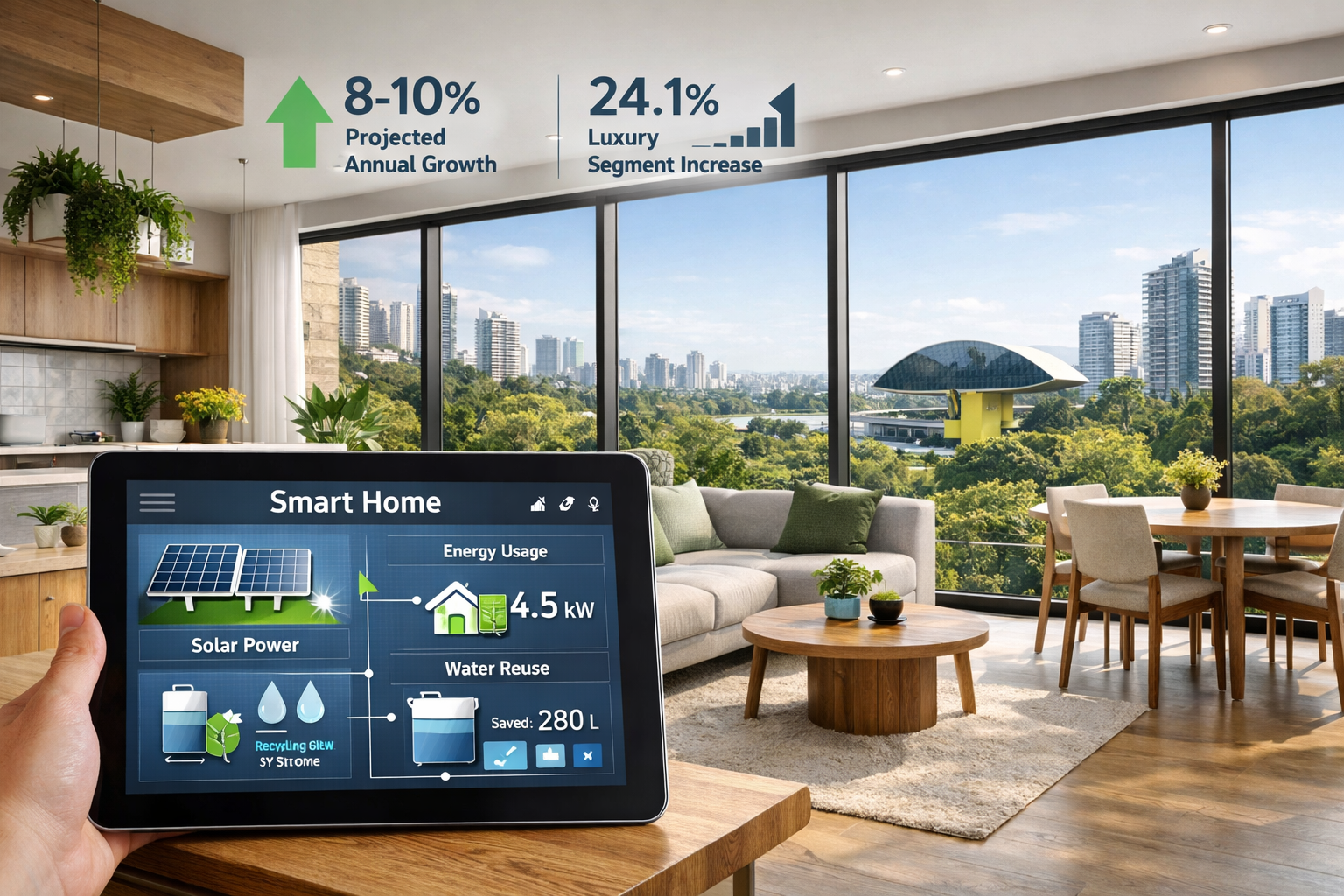 Detailed () image showcasing modern sustainable apartment interior in Curitiba with floor-to-ceiling windows overlooking