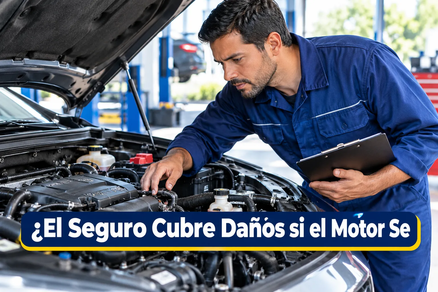 Click to regenerate this image Professional () hero image with SHORT (≤42 chars): '¿El Seguro Cubre Daños si el Motor Se', on a high-contrast panel,
