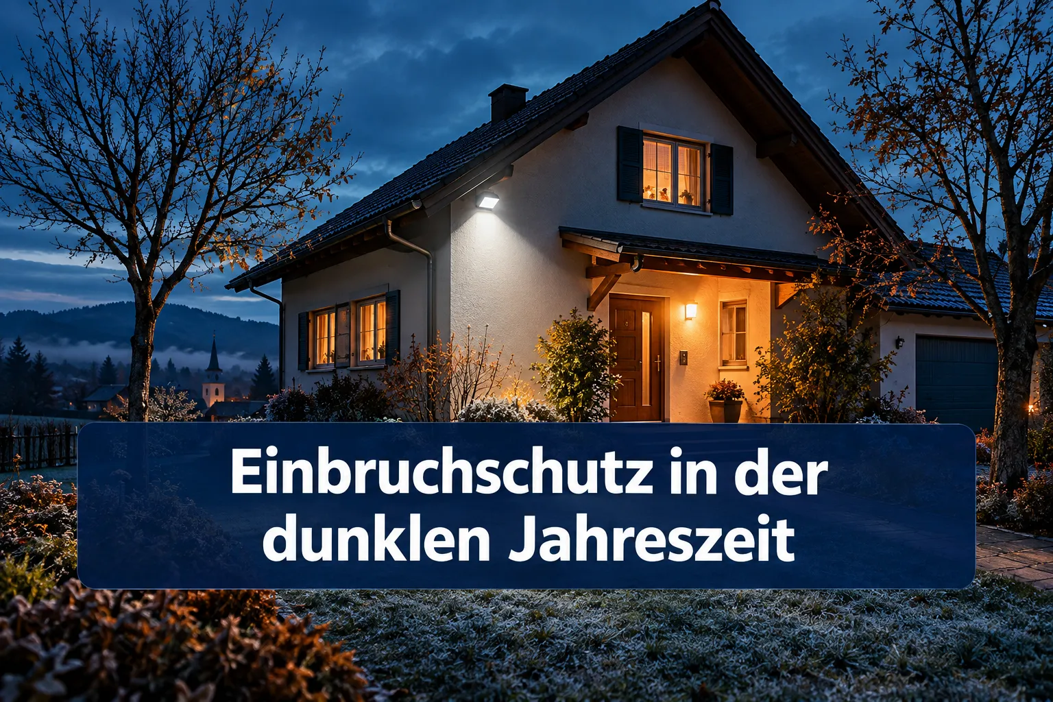 Professional () hero image with (≤42 chars): 'Einbruchschutz in der dunklen Jahreszeit', two lines, white centered on a deep