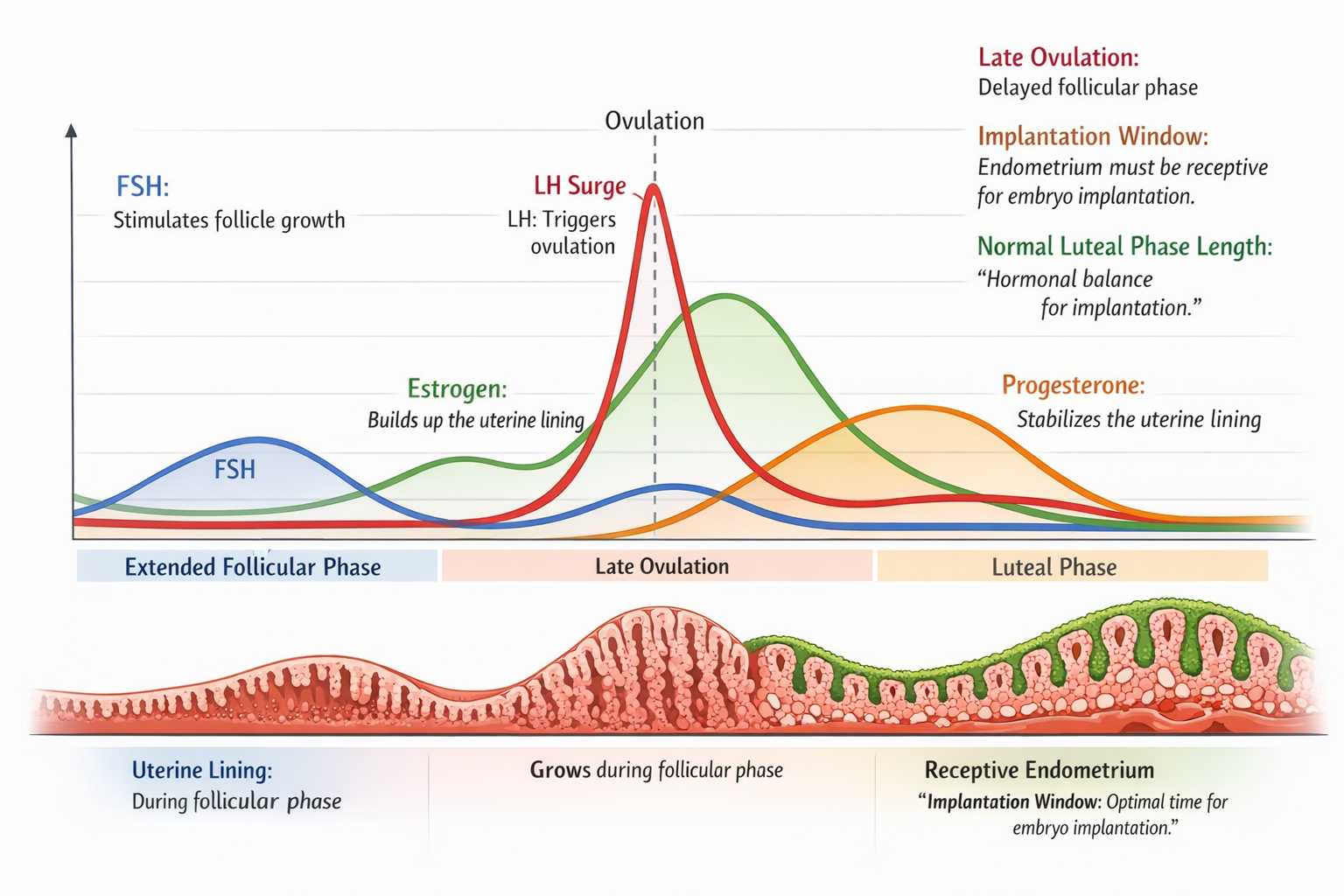 A visual representation in landscape format (1536x1024) of the hormonal fluctuations (FSH, LH, Estrogen, Progesterone) throughout a menstrua