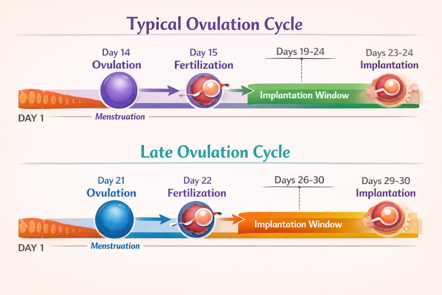 A comparative illustration in landscape format (1536x1024) showing two timelines: one for a typical ovulation cycle and another for a late o