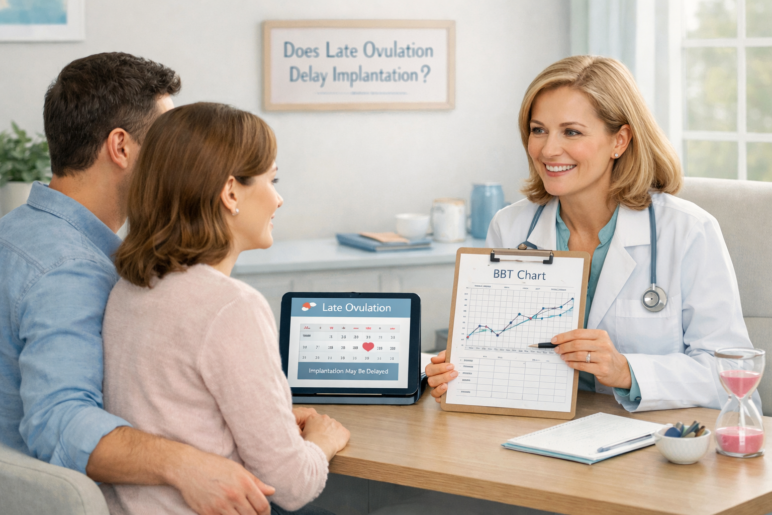 A serene, hopeful scene in landscape format (1536x1024) depicting a couple consulting with a healthcare professional, possibly reviewing a c