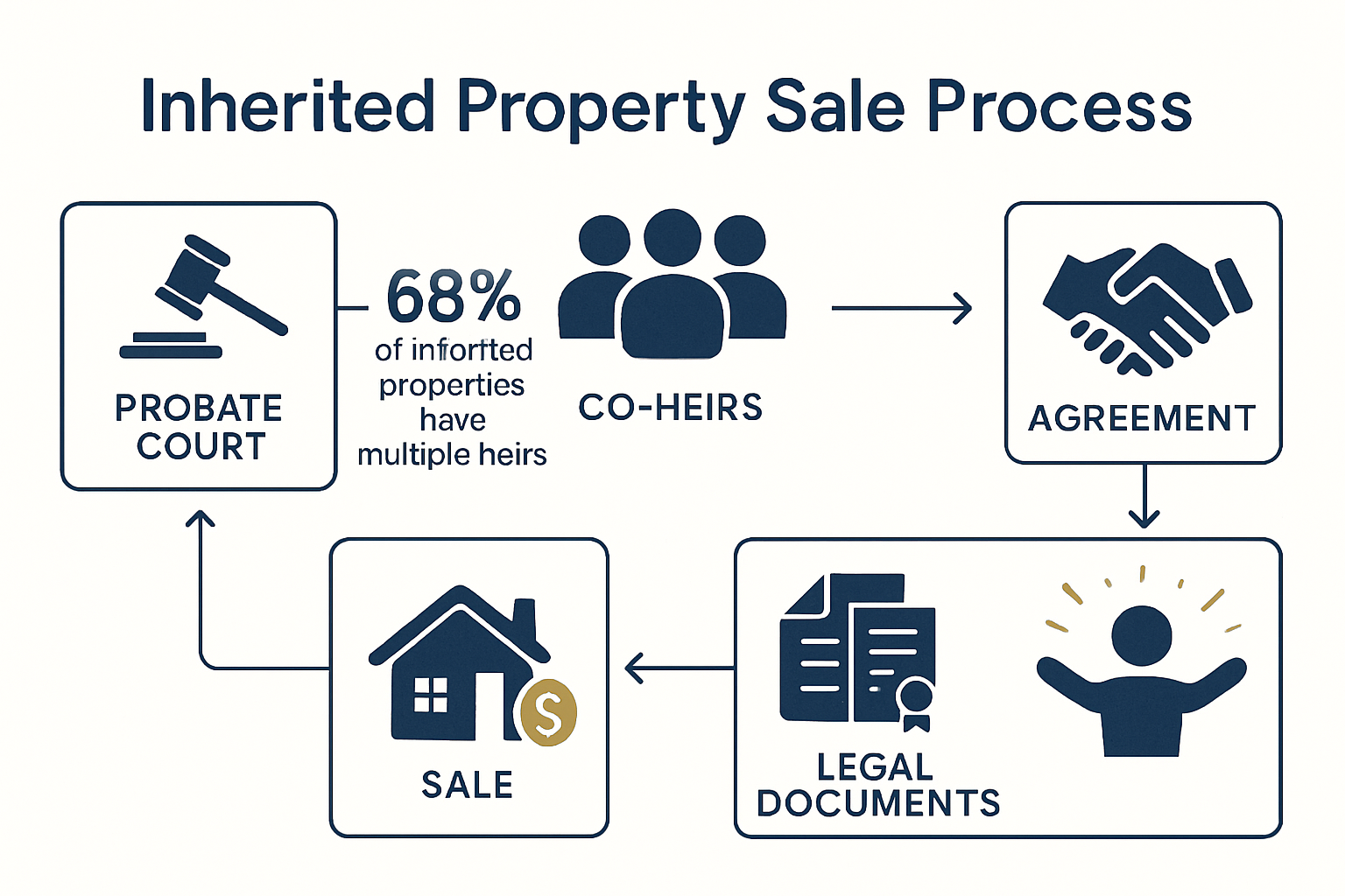 Detailed landscape infographic (1536x1024) showing flowchart of inherited property sale process with multiple owners, featuring connected bo