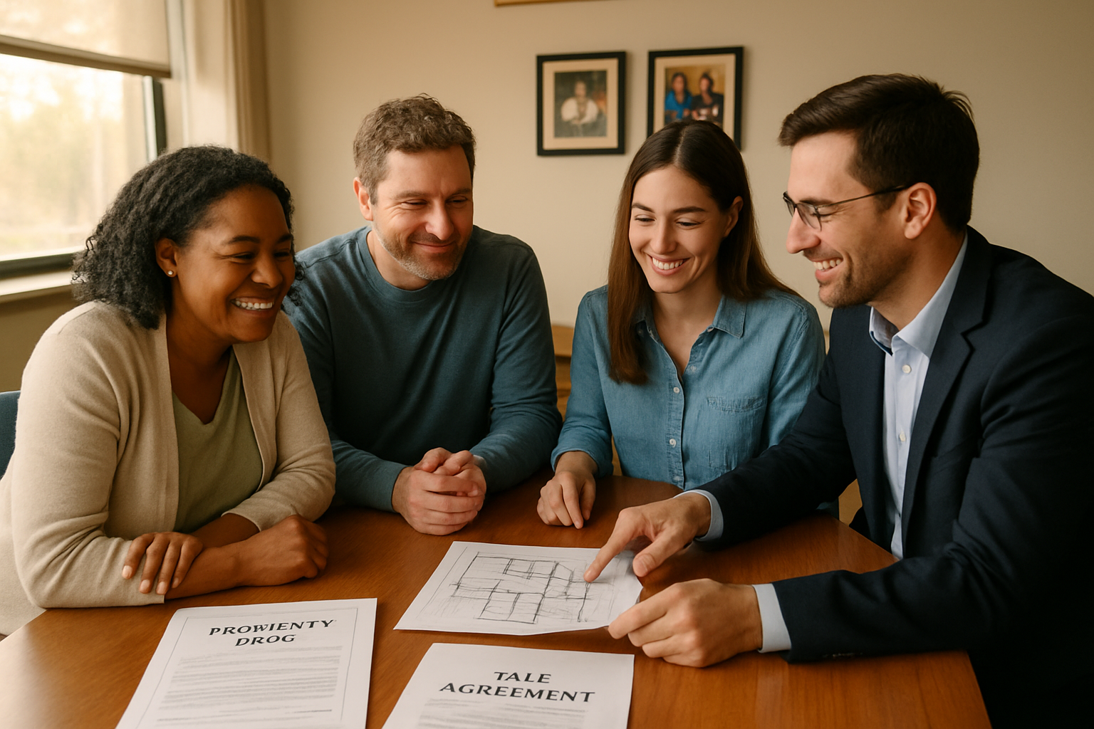 Professional landscape photograph (1536x1024) depicting diverse group of four adults sitting around modern conference table reviewing proper