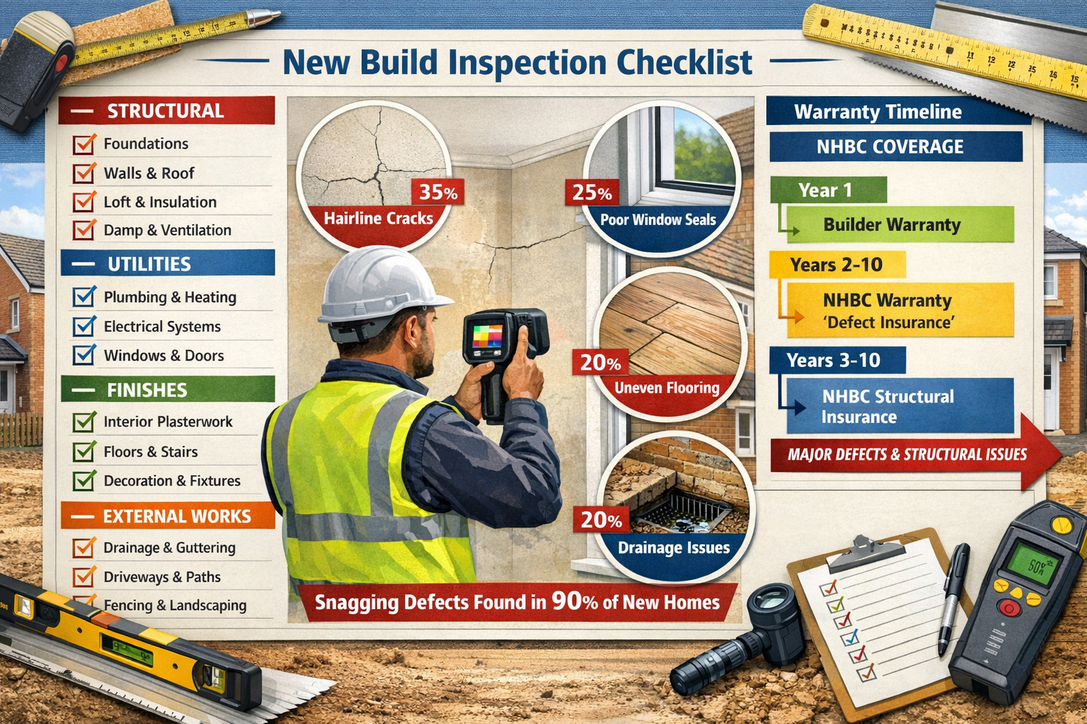 () detailed infographic showing comprehensive new build inspection checklist with multiple sections. Visual displays