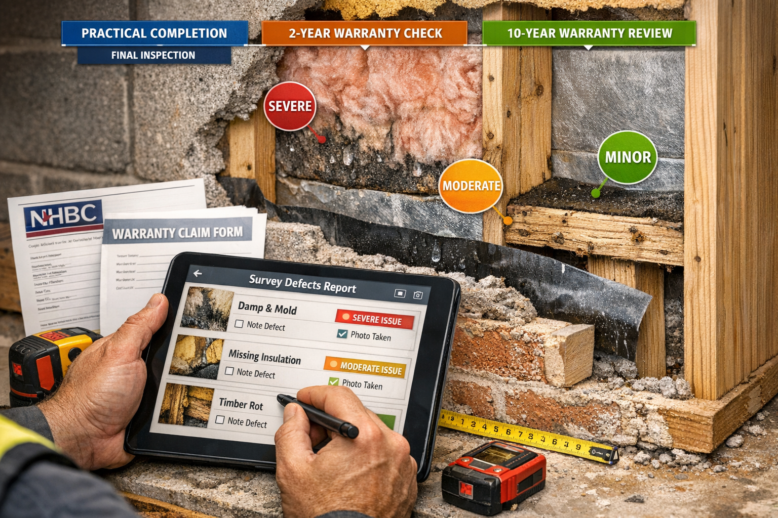 () close-up composition showing hands of building surveyor documenting defects on digital tablet with specialized survey app