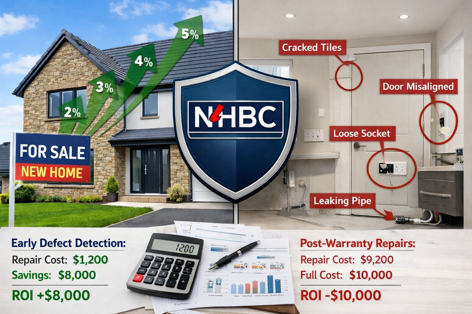 () split-screen comparison image showing left side: pristine new build property exterior with 'For Sale' sign and rising