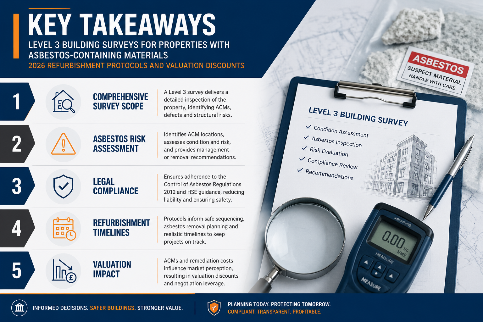 Editorial infographic for 'Key Takeaways' section featuring a structured hierarchy of critical points about Level 3 Building