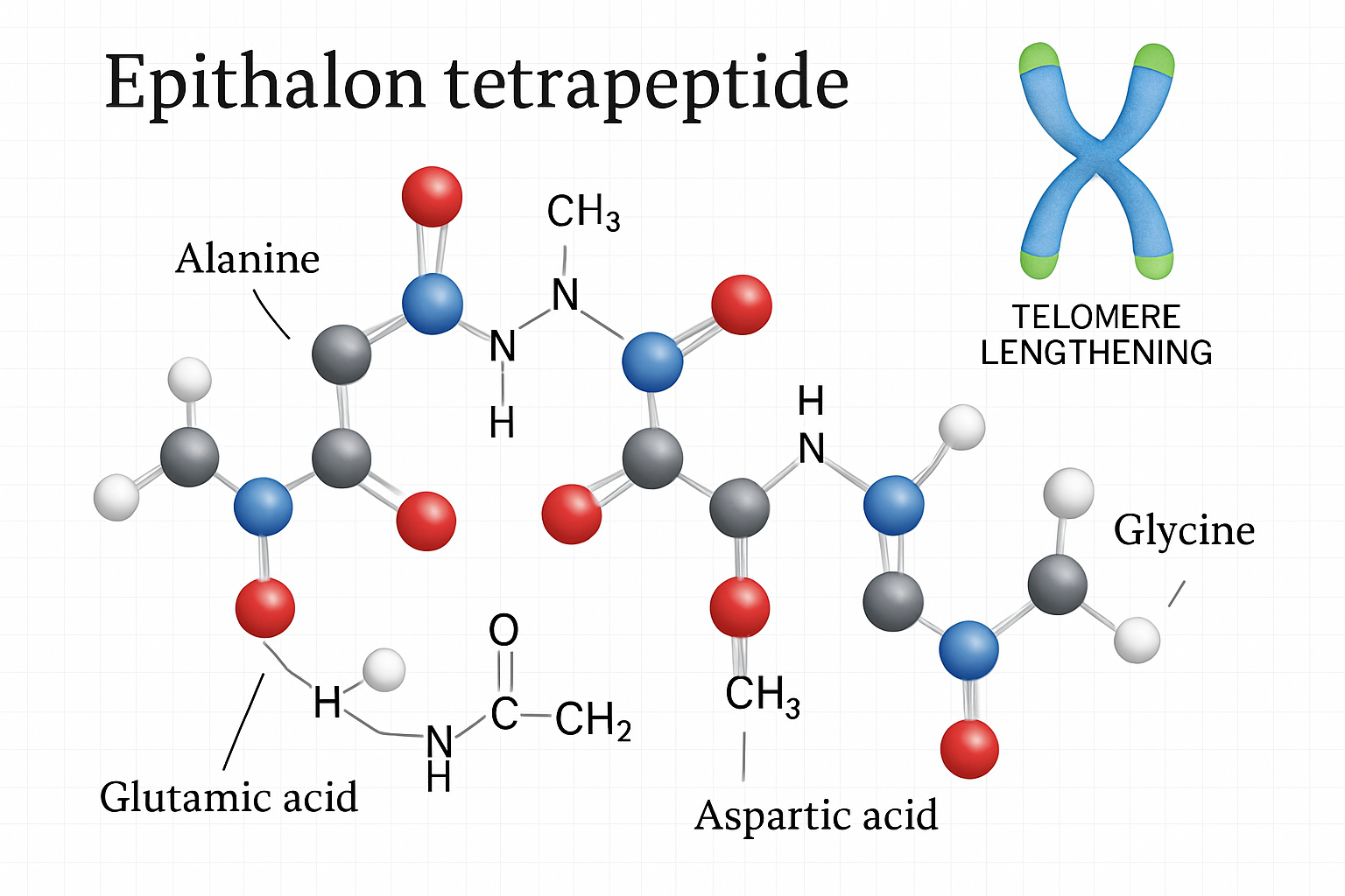 Detailed scientific illustration (1536x1024) showing the molecular structure of Epithalon tetrapeptide with four amino acids (Alanine, Gluta