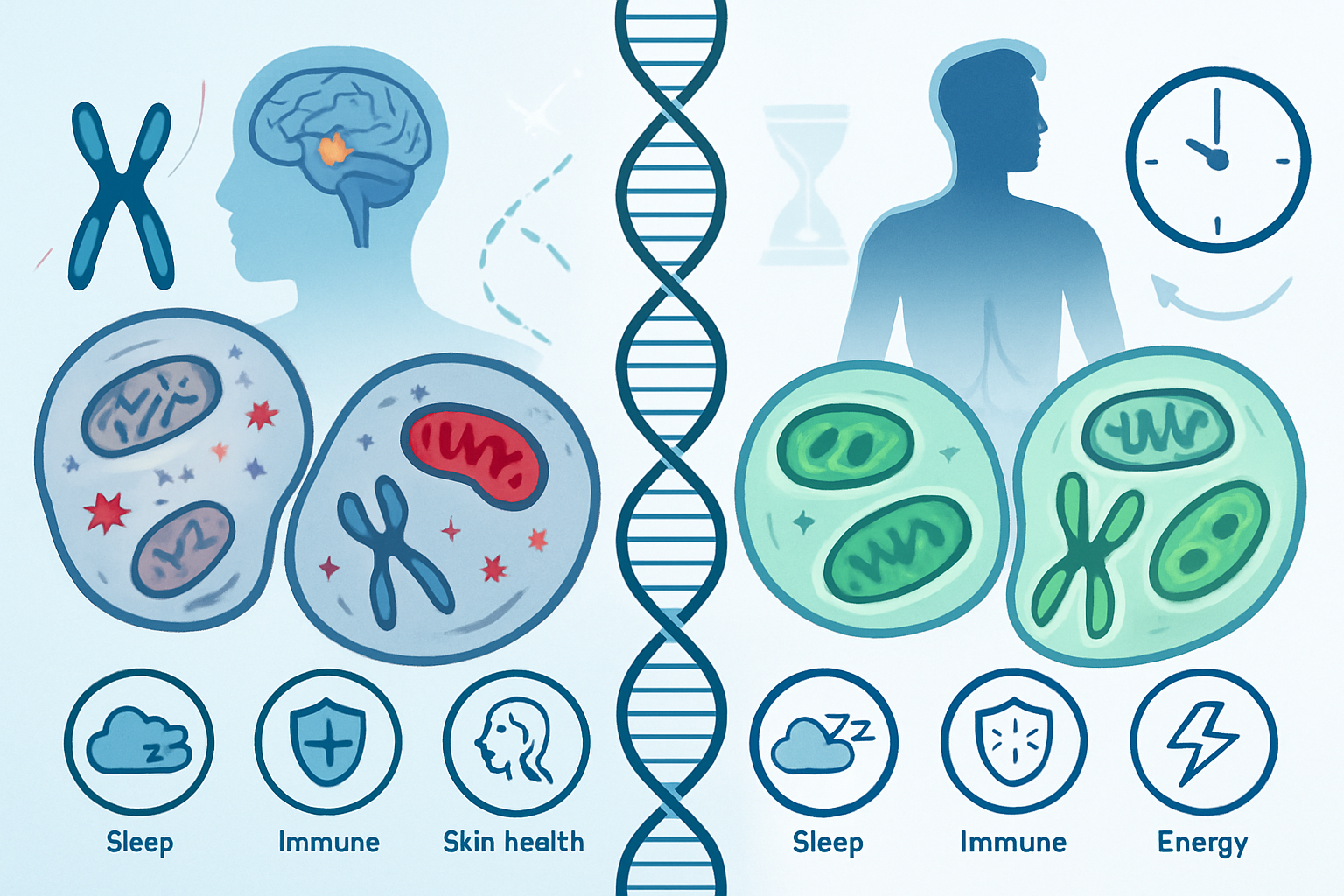 Professional medical concept illustration (1536x1024) depicting aging reversal and longevity benefits, split-screen comparison showing cellu