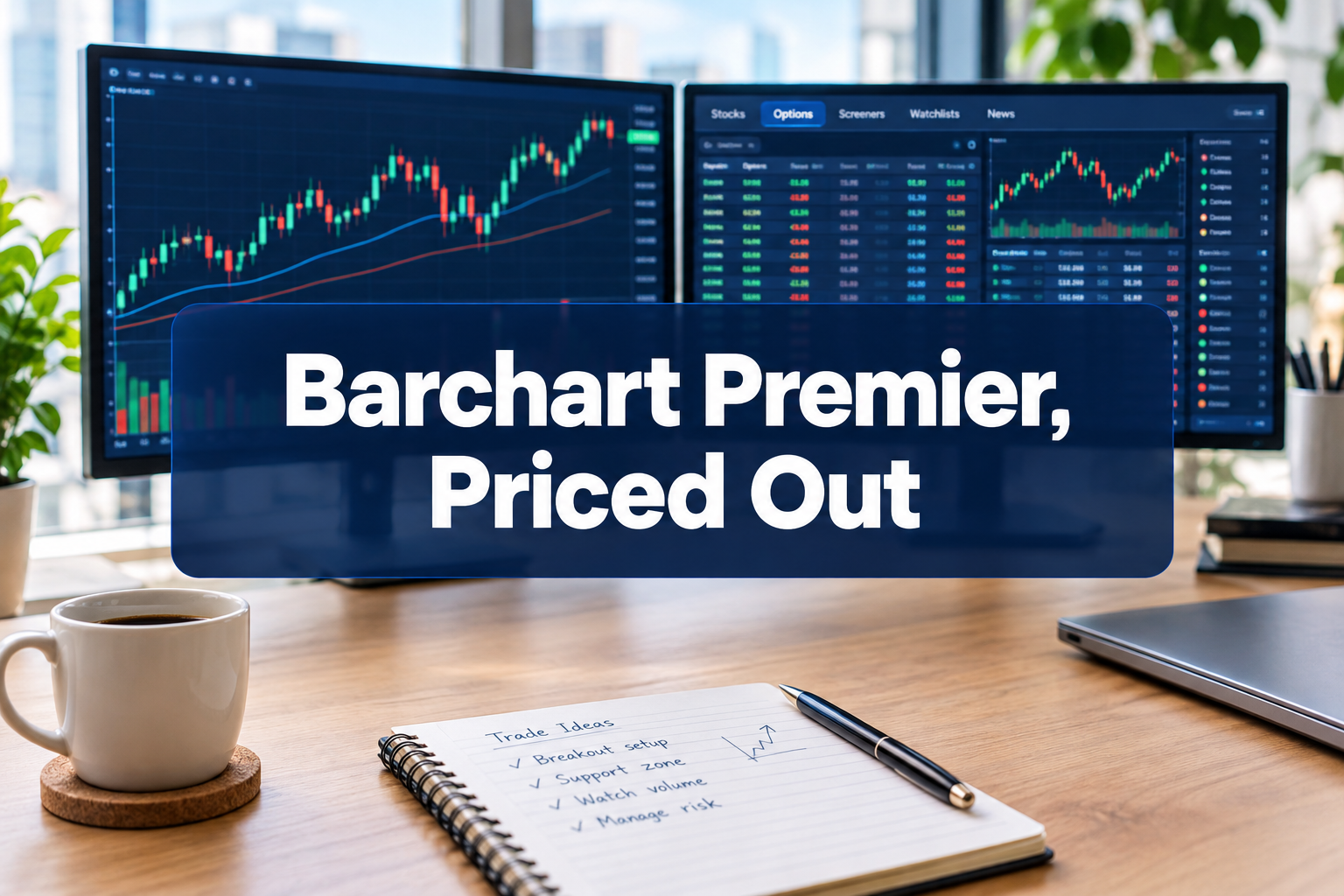 Professional () hero image with 'Barchart Premier, Priced Out' in crisp white on a dark navy semi-transparent panel,