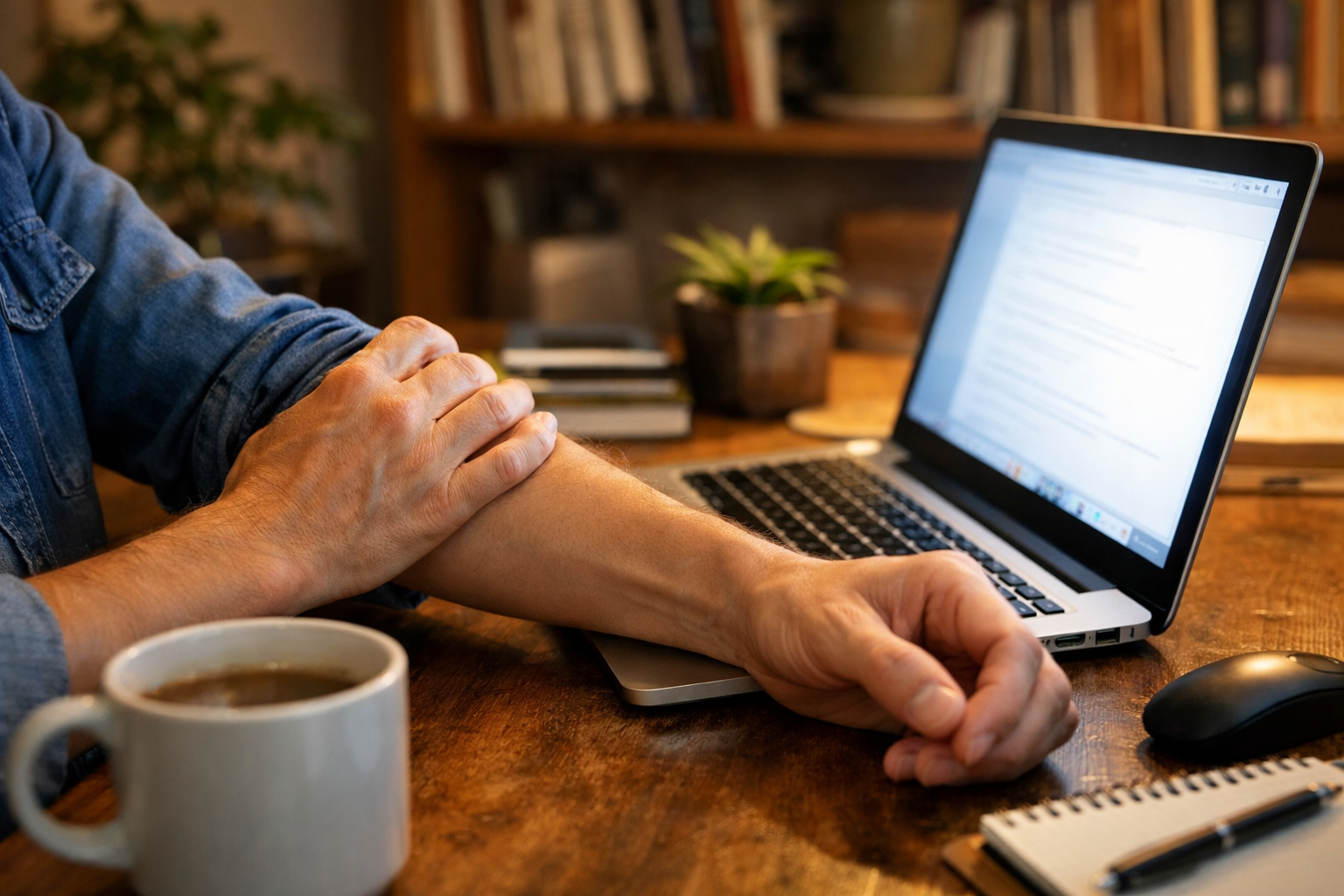 Detailed () image showing close-up of person's arms and hands at computer workstation experiencing discomfort, one hand