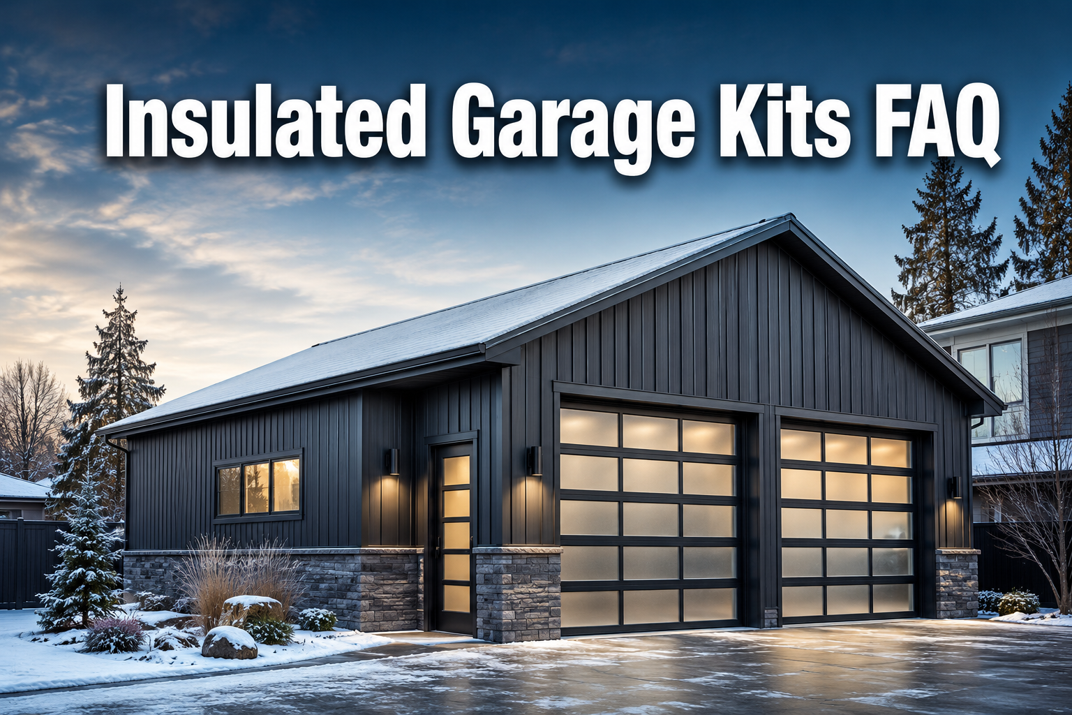 Professional () hero image with : 'Insulated Garage Kits FAQ' in extra large white with dark drop , centered in upper third.