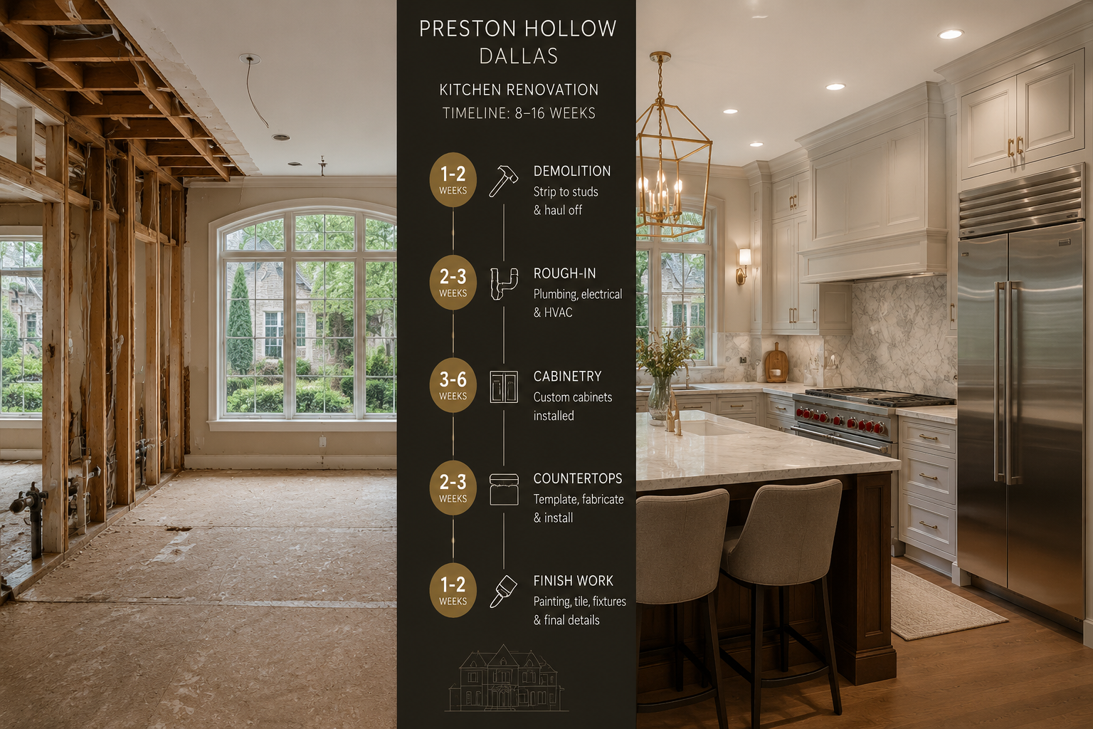 Detailed () showing a split-scene construction timeline visual for a Preston Hollow Dallas kitchen renovation. Left side: